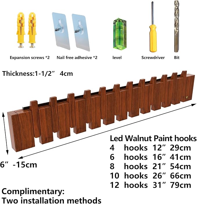 Wall Mounted Coat RackHooks Piano Key Hangers Natural Solid Wood Hanger Non-Woven Fabric Clothes Hangers for Closet, Kitchen, Bedroom, Bathroom, Entryway (Led Walnut, 10 Hooks)