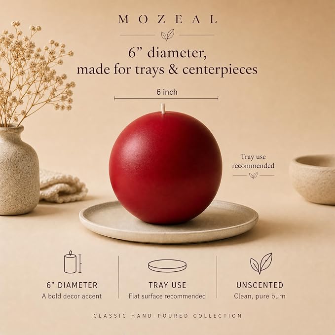 MOZEAL Hand-Poured, 6 Inch Red Large Round Ball Candles - Elegant Red Round Pillar Candles, Dripless, Unscented, Smokeless, Ideal for Valentine's Day and Christmas.
