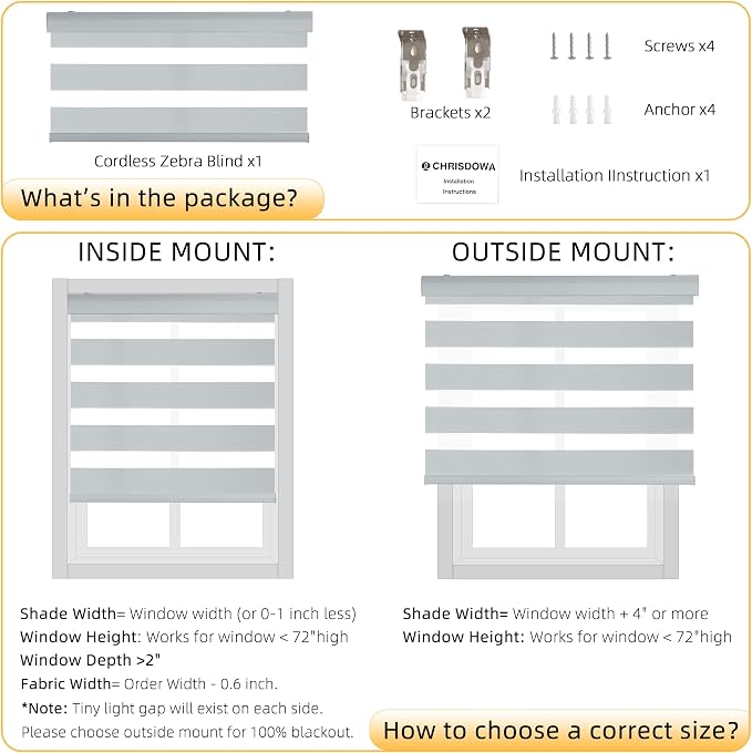 ChrisDowa Cordless Zebra Blinds for Windows, Dual Layer Free-Stop Light Filtering Window Roller Shades, Pull Down Privacy Zebra Shades for Home, Office, Bedroom, Door (31" W x 72" H, Light Grey)