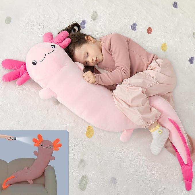 MaoGoLan Giant Axolotl Plush Body Pillow for Girls, Hot Pink Axolotl Stuffed Animal for Kids Adults, Large Salamander Plush Glow in The Dark, Holiday Birthday Easter