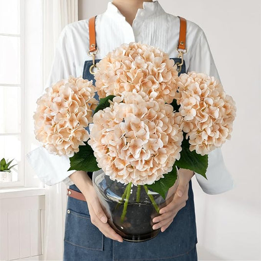 JINWOE Light Coffee Boho Silk Hydrangea Artificial Flowers, 4Pcs 22Inch Full Fake Artificial Hydrangeas with Stems for Bouquet Table Centerpieces Home Decoration Porch Outdoor
