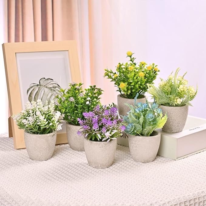 LUEUR Set of 6 Potted Artificial Flowers Arrangement, Fake Flowers with Vases Faux Flowers in Pot for Centerpiece Table Decorations Spring Decor for Home Office Desktop