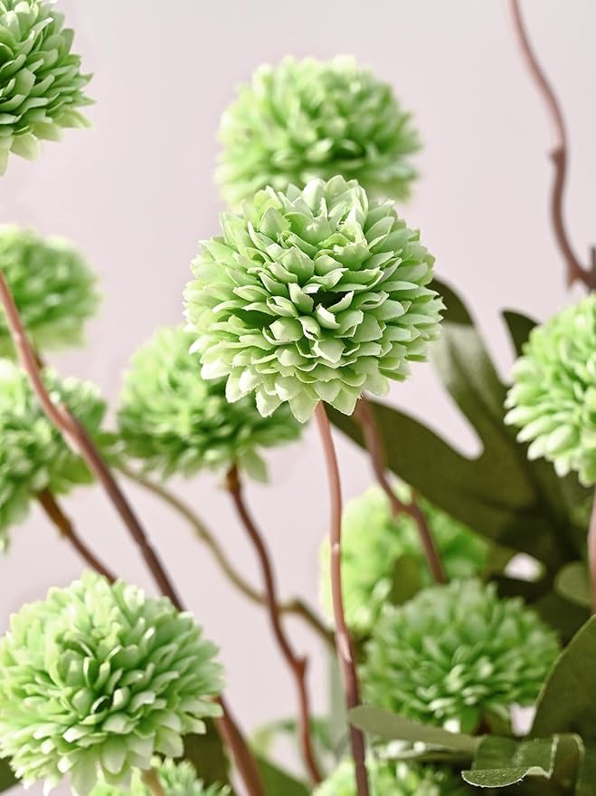 Waipfaru 10pcs Fake Flowers, Artificial Pompon Mums , Bulk Faux Chrysanthemums Flowers for Indoor Home Decorations, Boho Decor, Green, No vase