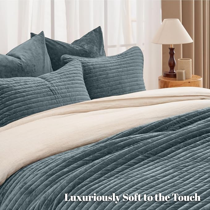 PHF Luxury Velvet Quilt Set Twin Size – 2PCS Ultra Soft Quilted Comforter Alternative with Striped Channel, Cozy Quilted Bedspread, 1 Coverlet with 1 Matching Sham, 68" x 92", Stormy Blue