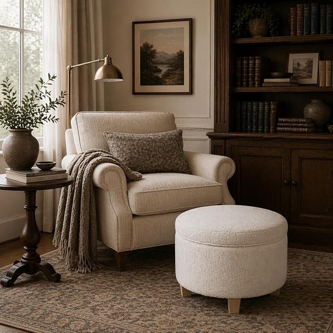 HomePop 24" Large Round Storage Ottoman - Cream Boucle