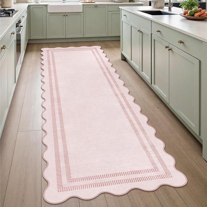 Pink Runner Rug 2.6x8 Kitchen Hallway Scalloped Rugs, Non Skid Stain-Resistant Indoor Washable Rug Soft Entryway Carpet Runner for Bathroom Laundry Room