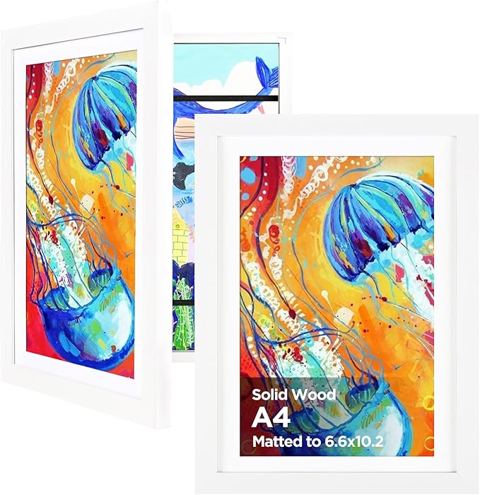 KINLINK A4 Kids Art Frame Set of 2, Solid Wood Kids Artwork Frames Changeable with Front Opening hold 150 Pictures, Art Frames for Kids Art with Mat，without Mat A4 Picture Frame White