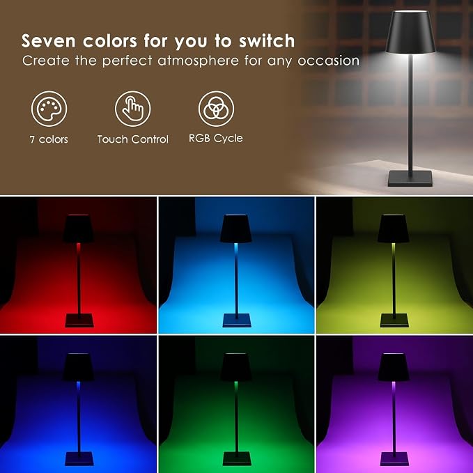 2 Pack LED Cordless Table Lamp with RGB & Stepless Dimming Rechargeable Battery Desk lamp 5000mAh Battery Operated with Modern Portable Table Light for Indoor/Outdoor IP54 Waterproof (Black)