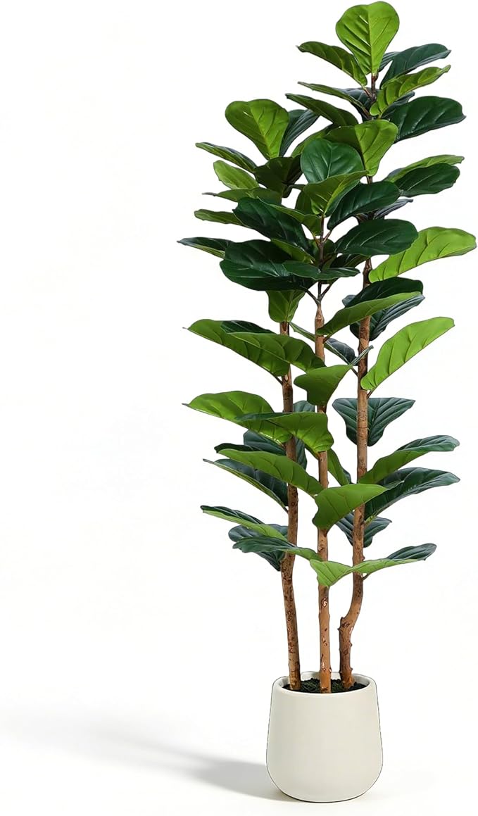 5ft Fake Fiddle Leaf Fig Tree, Realistic Fake Plants with Natural-Looking Trunk, Evergreen Faux Plants Indoor for Home & Office Decor（3 Poles, White Pot）