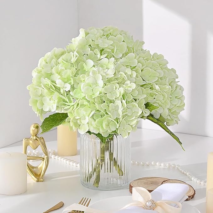 MARTINE MALL 4Pcs 21in Hydrangea Artificial Flowers, Latex Real Touch Hydrangeas Lifelike Large Hydrangea Flowers for Home Decor Party Arrangements Wedding Bouquets Centerpieces (Light Green)
