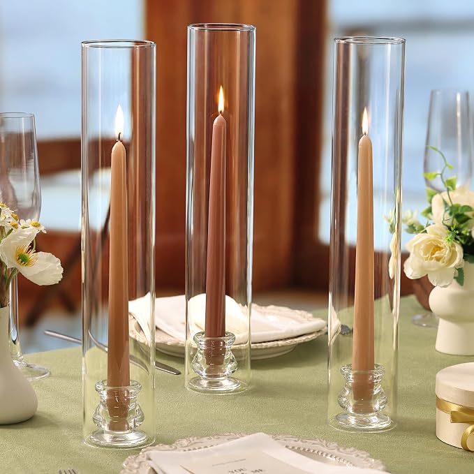 Volens Hurricane Glass Candle Holders Bulk- Set of 36 Candlestick Holders for Taper Candles with Windproof Cylinder Covers 14" Tall Clear Glass Chimney Cover for Wedding Table Centerpiece
