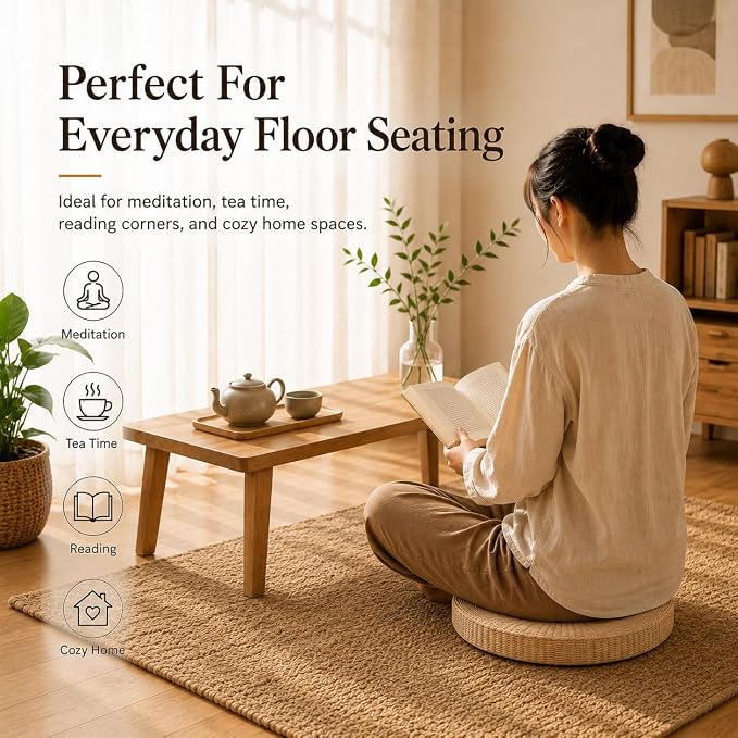 Round Tatami Floor Pillow, Handwoven Straw Cushion, Dia: 15.7" | Natural, Eco-friendly, Lightweight, Anti-Slip, Breathable, for Apartment Living Room Meditation Patio Outdoor Window Seat