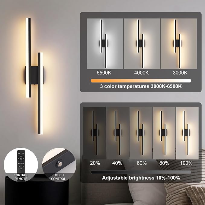 Modern Battery Operated Wall Sconce Set of 2,Dimmable Rechargeable Indoor Led Wall Sconce Lighting,Black Wireless Wall Lamps with Remote Control for Living Room Bedroom Bathroom Hallway