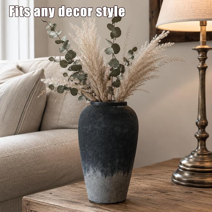 Ceramic Rustic Farmhouse Vase, 12 Inch Black Handmade Pottery Flower Vase for Home Decor, Rustic Living Room Decor, Wedding Gifts, Shelf & Table Decoration