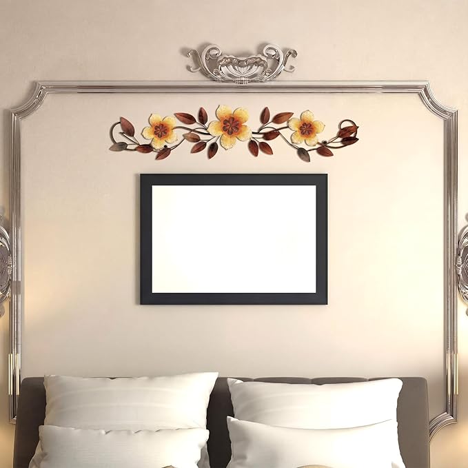 Wesiti Metal Flower Wall Decor Vintage Spring Metal Flower Wrought Iron Scroll Sculpture 15.7''x3.7'' Farmhouse Leaf Wall Decor with Nails for Spring Living Room Bedroom Indoor Outdoor(Yellow)