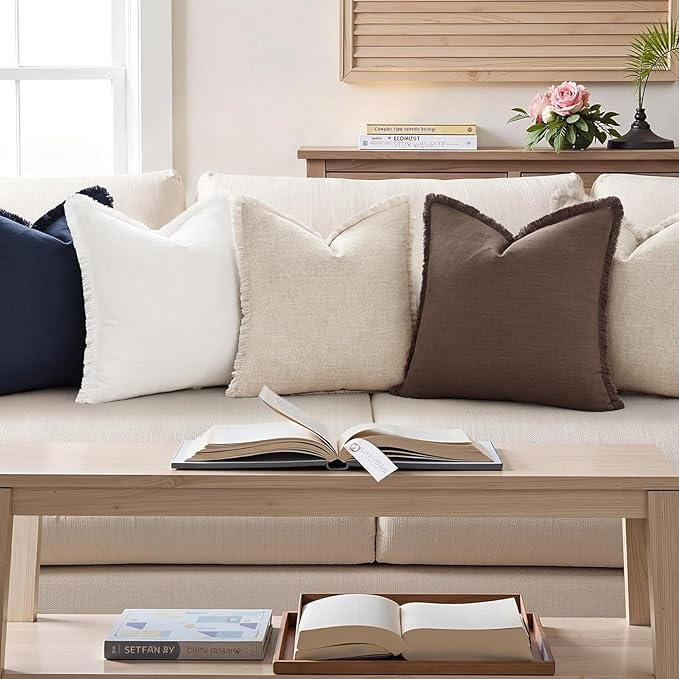 decorUhome Summer Decorative Neutral Linen Fringe Euro Sham Throw Pillow Covers Set of 2 Black Pillow Covers with Tassels Soft Farmhouse Boho Accent Pillow Cases for Couch Bed Sofa 22x22 Inch