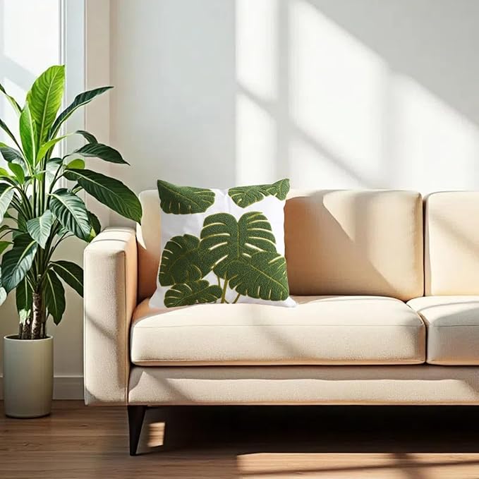 Embroidery Throw Pillow Cover 18x18 Green 7 Tropical Monstera Leaves Loop Plant Floor Pillow Cover for Couch Gift 100% Cotton Decorative Cushion Cover Home Décor Pillow Case 45x45cm, 1 Piece