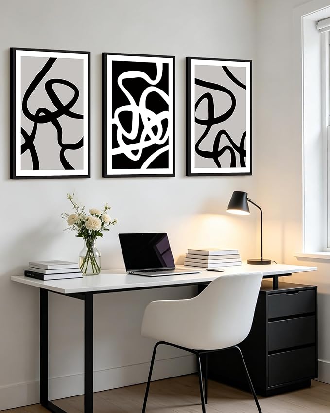 PHOPAGO Black and Gray Abstract Framed Wall Art Large 16x24in Decor Ink Wash Dark Brush Stroke Prints Modern Art Decorative Bedroom Living Room Home Decor - Black Framed