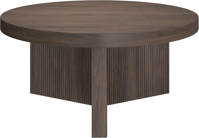 Henn&Hart 32" Fluted Round Low-Profile Coffee Table with Ribbed Pedestal Base Living Room, Family Room, Office, or Apartment, Rich Brown