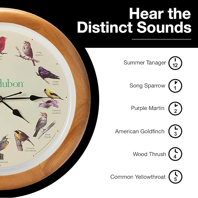 Mark Feldstein, Audubon Singing Bird Wall Clock, 13 Inch, Premium Oak
