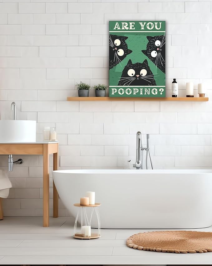 UPWOIGH Funny Are You Pooping Black Cat Bathroom Wall Art, 3 Cats Humor Quote Poster, Green Background Bathroom Decor, Wood Framed Canvas 12x16 Inch