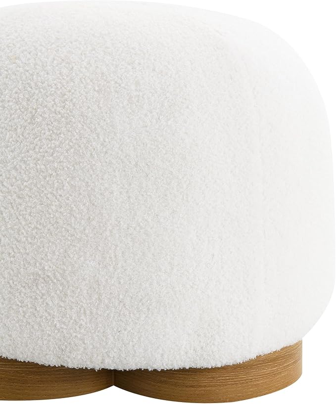 GDFStudio 20" Round Teddy Fabric Ottoman Stool, Upholstered Footrest with Foam Seat, Modern Accent Ottoman, Entryway Bedroom Vanity Stool, Fully Assembled, Metal Trim Base, White