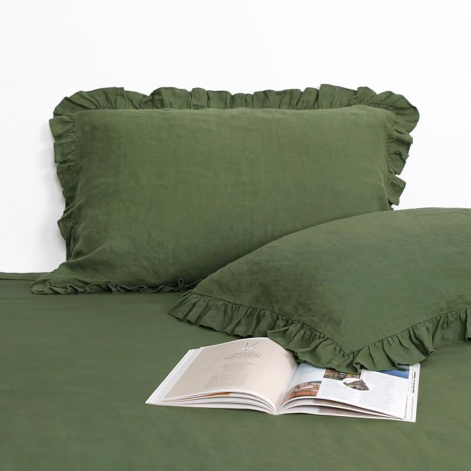 Linen Ruffled Pillow Cases,100% French Natural Linen Pillowcase Set of 2,Decorative Boho Pillow Cases Ruffle Bedding King Size (20''x40''),Olive Green