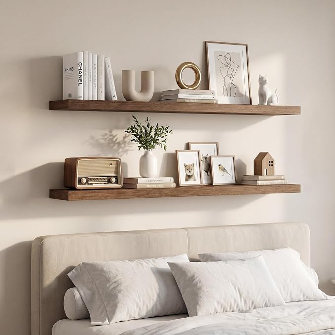 Vivelove Wall Floating Shelves for Display with Invisible Brackets, Long Large Floating Shelves Under TV Over Fireplace Bedroom Living Room Office, 55”X 8”X 1.4", Set of 2 - Walnut