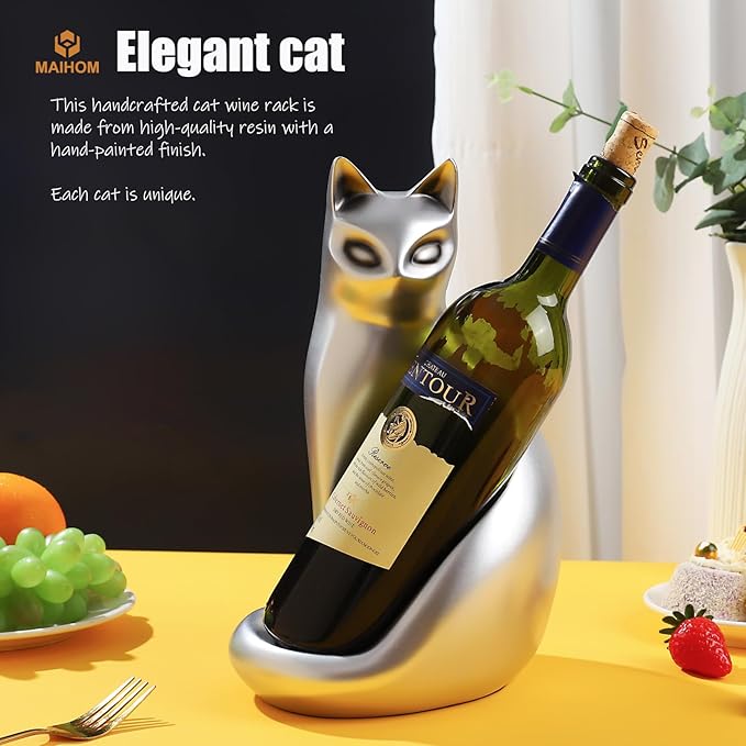 Tabletop Wine Rack Elegant Cat Shaped, Cat Decor Resin Wine Bottle Holder, Decorative Wine Storage for Home Bar, with Packaging for Cat Lovers Women, Silver