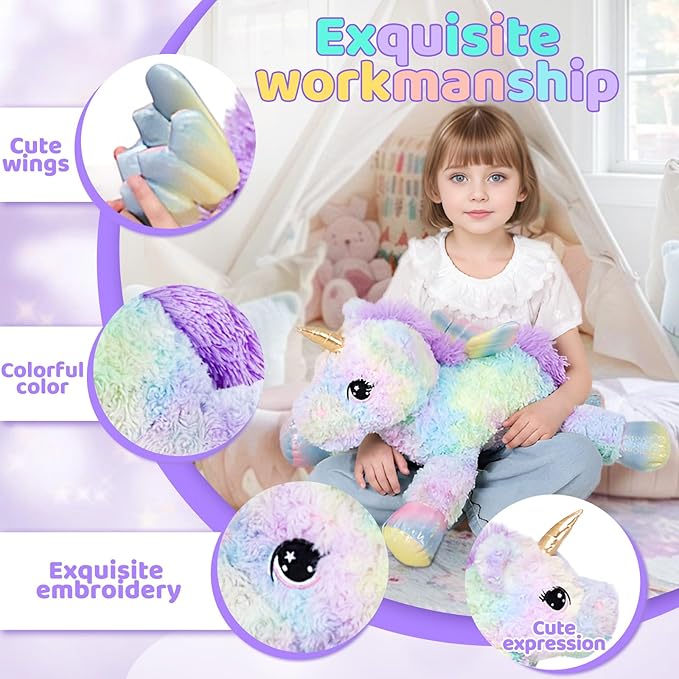 FFxiong 24 Inch Rose Rainbow Colors Unicorn Stuffed Animal Plush Toy with Wings Soft Cute Large Unicorn Plushies Animals Pillow Gift for Children Boy Girl Kids Birthday Valentine Room Decorations