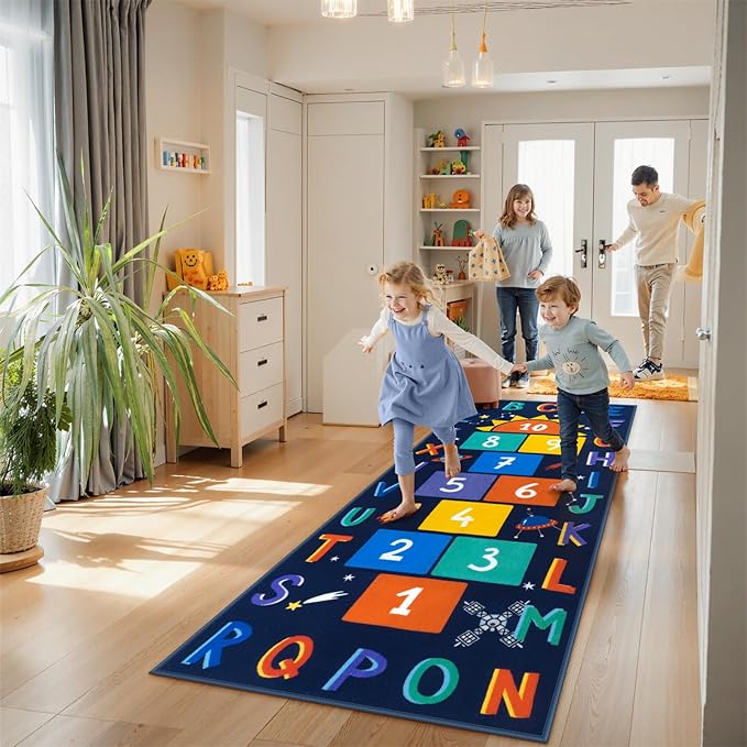 STARUIA Washable Hopscotch Kids Rugs for Playroom, Colorful Educational Classroom Rug with ABC Number, Non Slip Boy Kids Play Mat Rug Space Game Carpet for Bedroom Daycare（Dark Blue, 31.5''x72''）