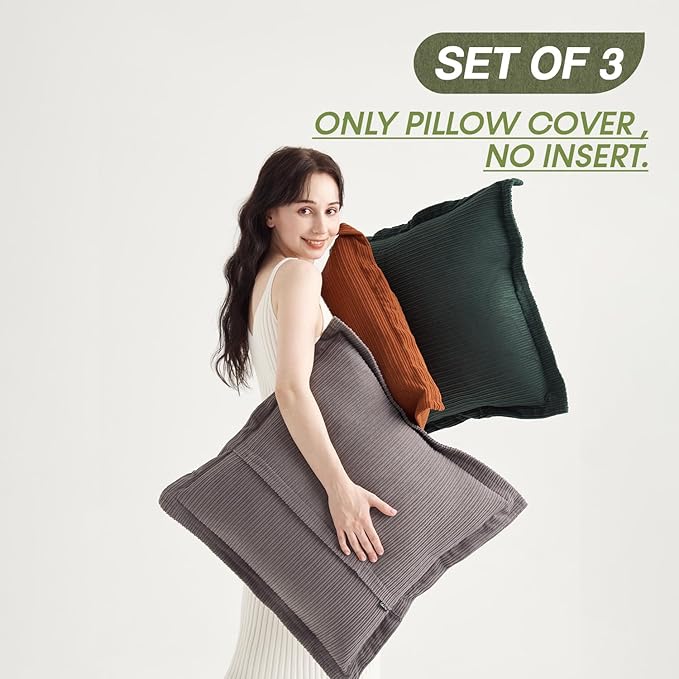 COCO TOP Pack of 3 Vintage Throw Pillow Covers 22x22inch, Textured Corduroy Neutral Soft Pillow Cases with Comfort Colors for Living Room Bedroom Apartment Farmhouse Office（Grey，Dark Green & Rust）
