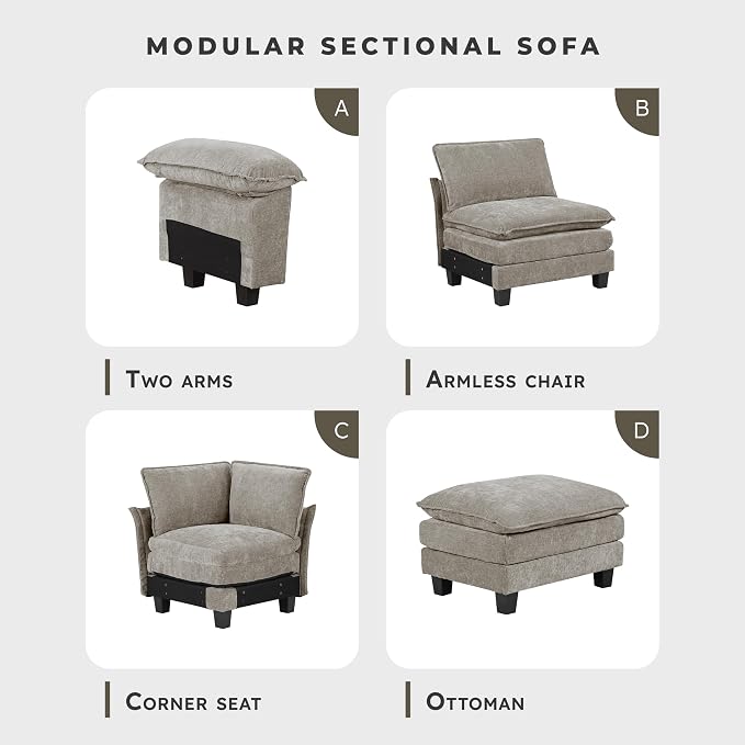 Lexicon Modular Sectional Sofa, Module for Sectional Couch, Armless Chair, Removable Cushion Cover, Soft Upholstery, Durable Frame, Customizable Comfort, Chenille Dark Pewter