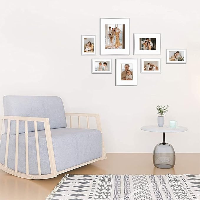 Golden State Art, Aluminum Gallery Wall Frame Set of 7 - Includes One 11x14, Two 8x10, and Four 5x7 - Metal Frames with Mat & Real Glass Cover for Elegant Home or Office Decor (Style 2, Silver)