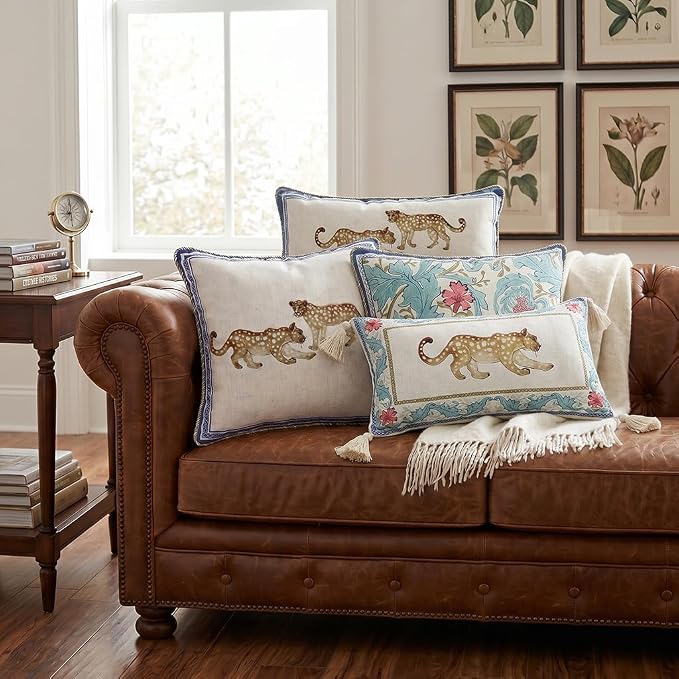 patdrea Designer Vintage Linen Throw Pillow Cover,12"x20",Set of 2-Fromm A | Luxury Decorative Pillow Case with Zipper,Blue Floral Pattern,Pillow Cover for Couch Living Room Bedroom Sofa