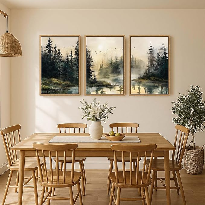 Framed Forest Landscape Wall Art for Living Room, Large 3 Piece Misty Pine Tree Nature Scenic Artwork for Walls, Rustic Woodland Sunset Canvas Painting Prints for Office Bedroom Wall Decor, 24x36 Inch