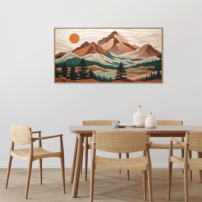 Tinonedraw Mountain Framed Canvas Wall Art, Sunrise Forest Woodland Landscape Art Prints, Boho Ridge Scenery Wall Decor, Wood Pine Wilderness Art Paintings for Living Room Bedroom Office 20"x40"