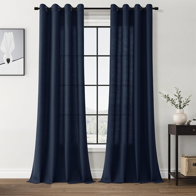 Nanspring Navy Blue Living Room Curtains 84 Inch Length 2 Panels Linen Blend Grommet Semi Sheer Light Filtering Country Farmhouse Curtain Drapes for Living Room Bedroom 52x84