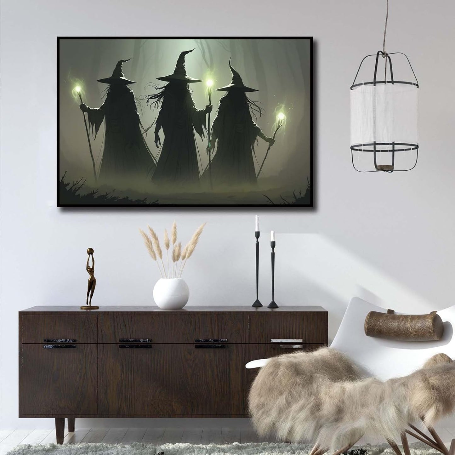 JFHCQJPK Vintage 3 witches canvas wall decor melancholy dark Halloween poster wall decor holding a staff print Gothic horror Halloween painting print for living room bedroom16x24in Metal blackFramed