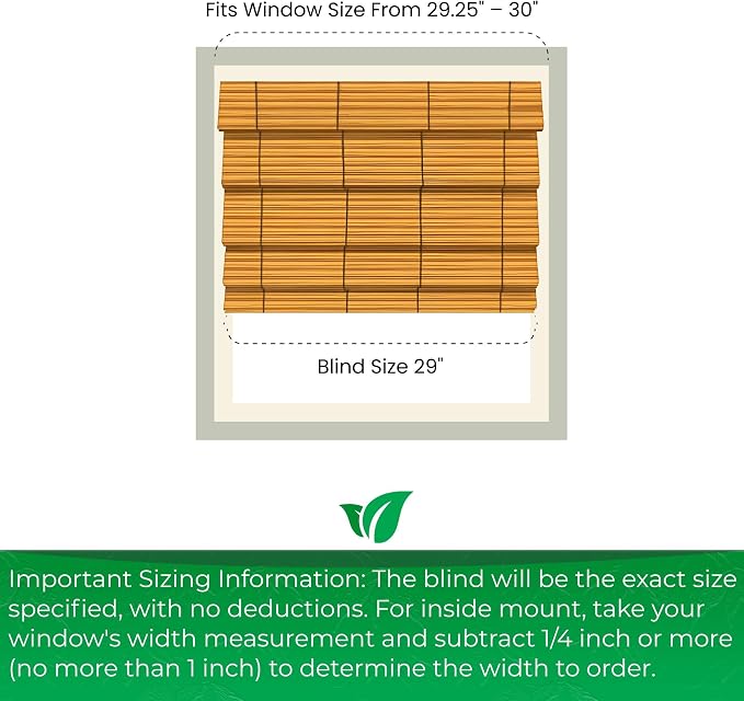 CALYX INTERIORS Cordless Bamboo Roman Shade Blind, Light Filtering, 29" W x 64" H, Ceylon Chestnut