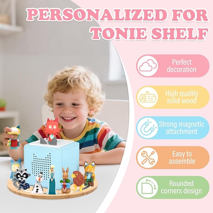 360° Round Turntable for Tonies Box 1/2 Organizer Storage Shelf, Magnetic Stand Holder for Toniebox Player Tonies Figures, Display Collection 10~15 Tonie Box Characters (Natura)