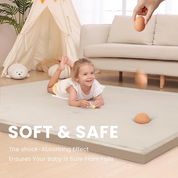 Huloo Sleep Ultra Soft Baby Play Mat for Floor, 1.3" Thick Elasti-Foam 59x59 Play Mat for Playpen,Water-Repellent Coral Velvet for Tummy Time, Non-Slip Backing,Safe for Toddlers & Infants（Beige）