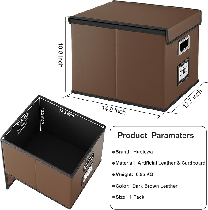 Faux Leather File Organizer Box with Lid, Collapsible Hanging File Folder Box Organizer with Plastic Slides, Decorative Home/Office Filing Boxes for File and Folder Storage - Dark Brown