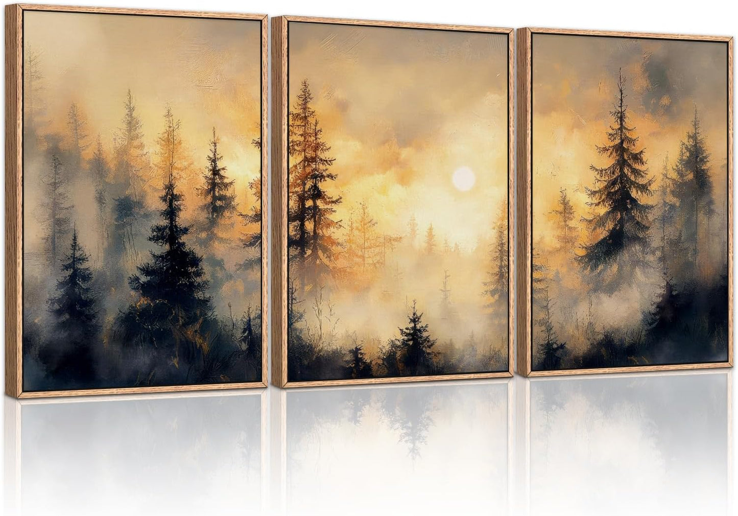 HLNIUC Golden Sunshine Forest Framed Canvas Wall Art,Foggy Forest Pine Tree Wall Decor,Large Sunset Landscape Art Print,Natural Misty Mountain Forest Wall Painting for Living Room,Bedroom - 16”x24”x3