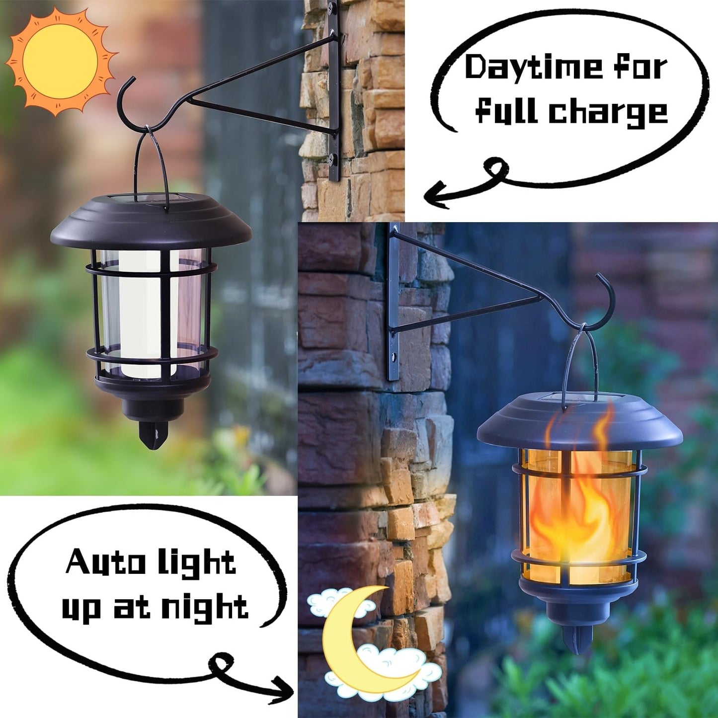 Dynaming Solar Flame Wall Lanterns, Outdoor Solar Wall Hanging Lights, Flickering Flame LED Lights Auto On/Off Wall Mounted Sconce Lights with Hooks, Waterproof for Garage Stair Patio Porch, 2 Pack