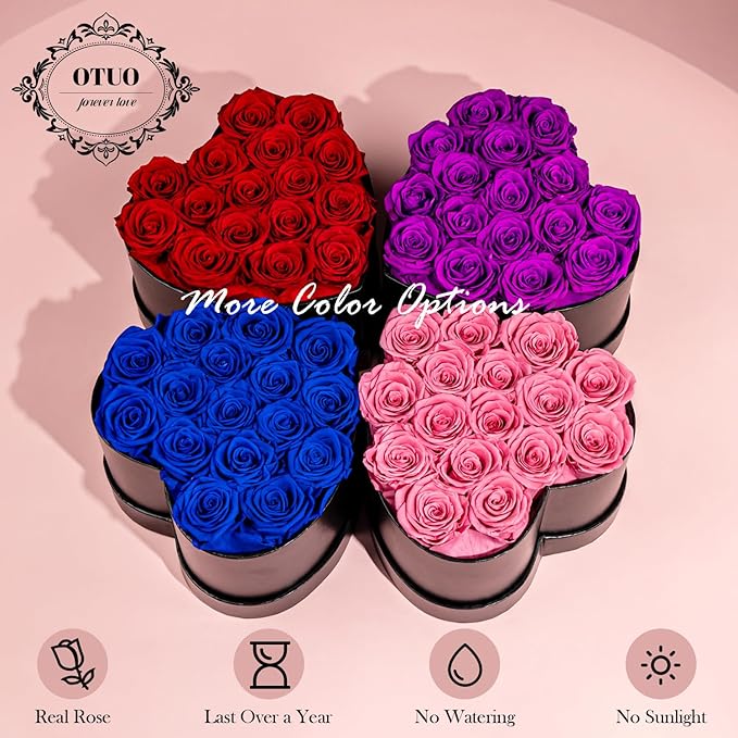 16 Preserved Roses in Heart-Shaped Box, Flowers for Delivery Prime Last up 2 Years, Real Forever Flowers for Wife, Girlfriend, Mother, Eternal Roses for Anniversary - Pink