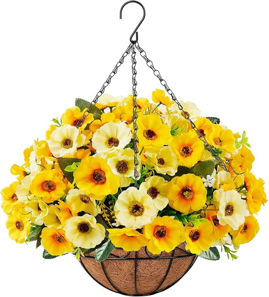 Ouddy Decor Artificial Hanging Flowers with Basket, Fake Silk Hanging Flowers in Coconut Lining Basket Faux Hanging Plants for Outdoor Indoor Spring Garden Porch Home Decor, Yellow