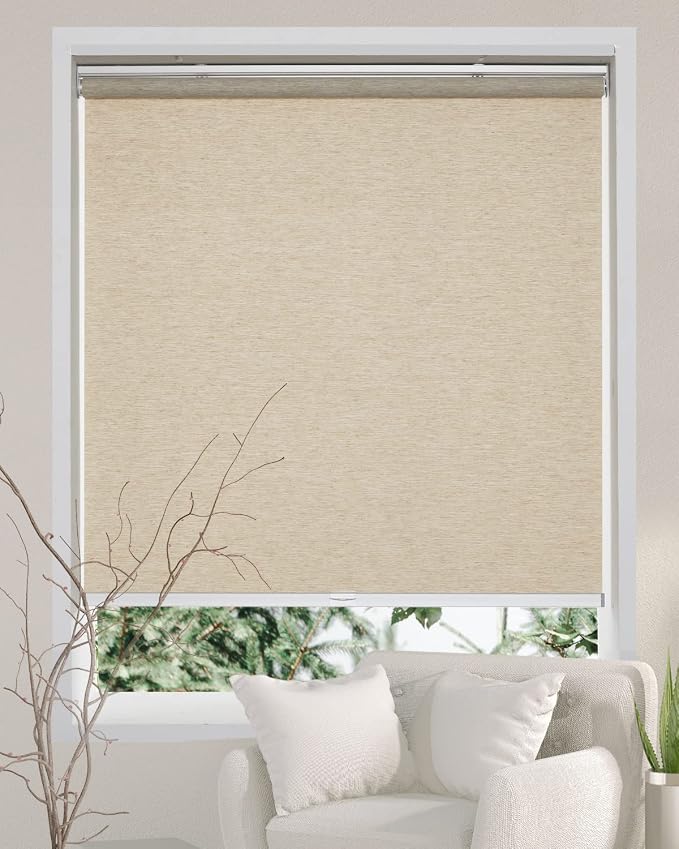 Persilux Custom Size Natural Woven Cordless Roller Shades, Free-Stop Window Shades for Home, Roller Window Shades, Light Filtering Window Blinds for Windows, Kitchen and Door (Khaki)