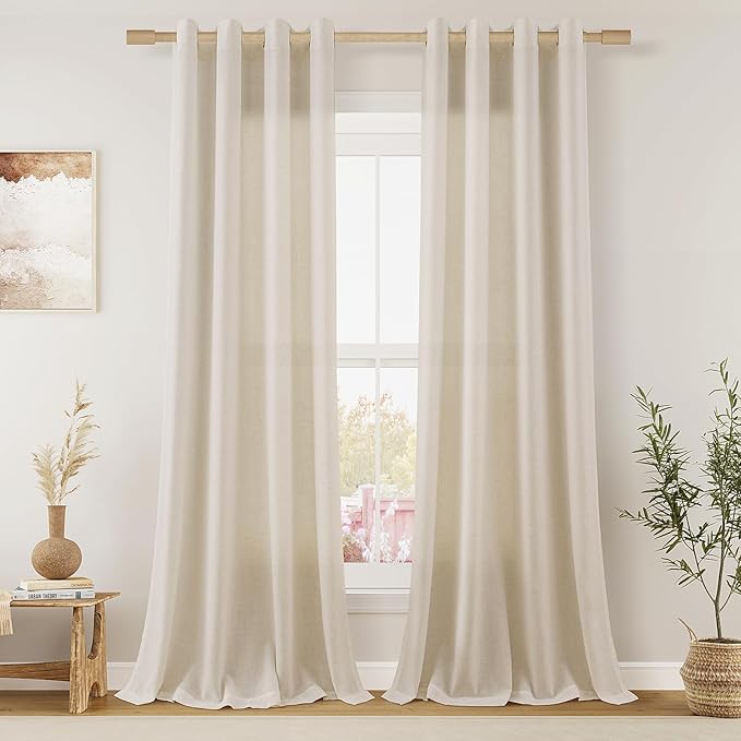 Aersas Boho Colored Linen Grommet Curtains 96 Inches Long 2 Panels for Living Room Sliding Glass Door Light Filtering Drapes 96 Inch Length Neutral Farmhouse Rustic Curtain for Office 52x96