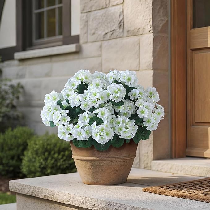GLIDLION 12 Bundles Artificial Geranium Flowers for Spring Summer Decor, UV-Resistant Fake Plants Realistic Faux Silk Bouquets for Front Door Farmhouse Garden Porch Home Outdoor Decor (White)